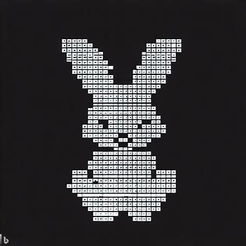 a cartoony monochrome bunny rabbit with a titled pattern similar to ascii art. it has prominent ears and feet