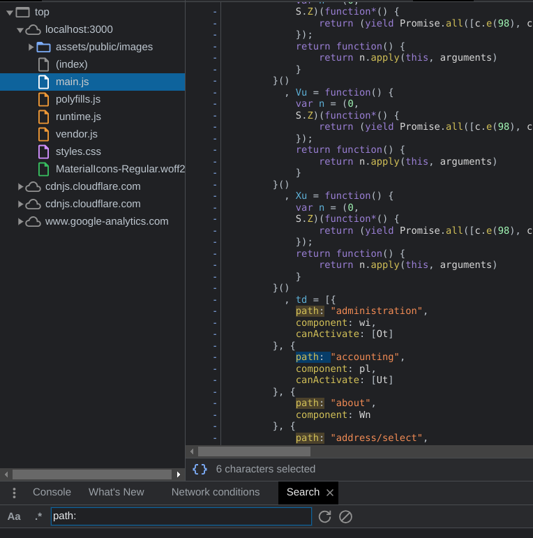 Searching for path: in Developer Tools -> Sources