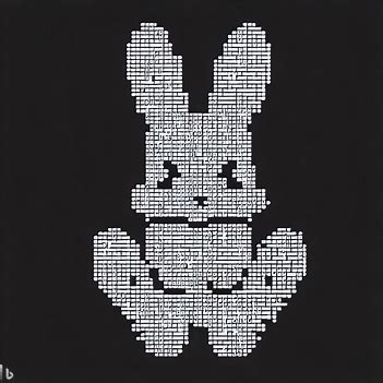 a cartoony monochrome bunny rabbit with a titled pattern similar to ascii art. it has prominent ears and feet