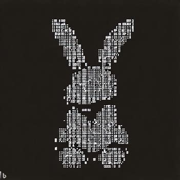 a realistic monochrome bunny rabbit with a titled pattern similar to ascii art. it has prominent ears and feet